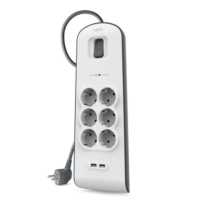 SURGE, 6 sockets, 650J, 2M, 2 USB-2.4A SHARED