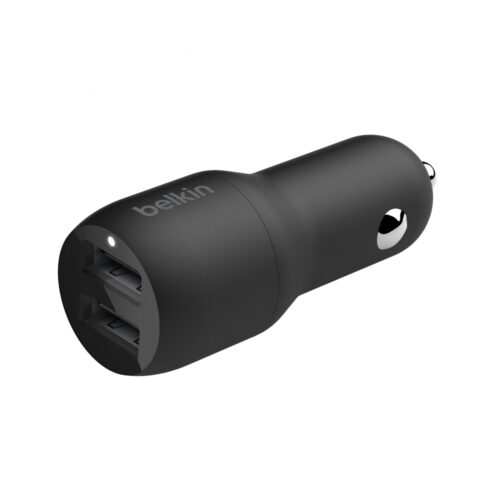 Dual USB-A Car Charger w/ 1M PVC A-LTG, 24W, BLK