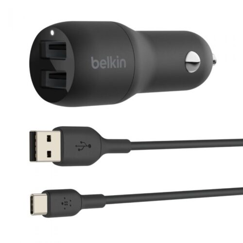 Dual USB-A Car Charger w/ 1M PVC A-C, 24W, BLK