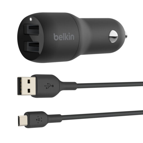 Dual USB-A Car Charger w/ 1M PVC A-mUSB, 24W, BLK