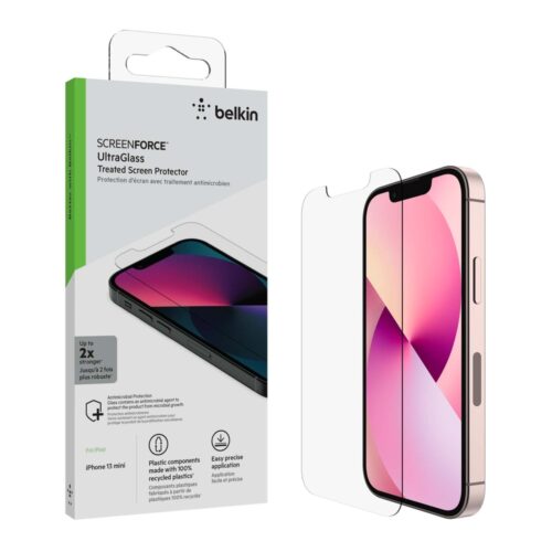 ScreenForce UltraGlass Anti-Microbial Screen Protection for iPhone 13 Mini, EZ tray